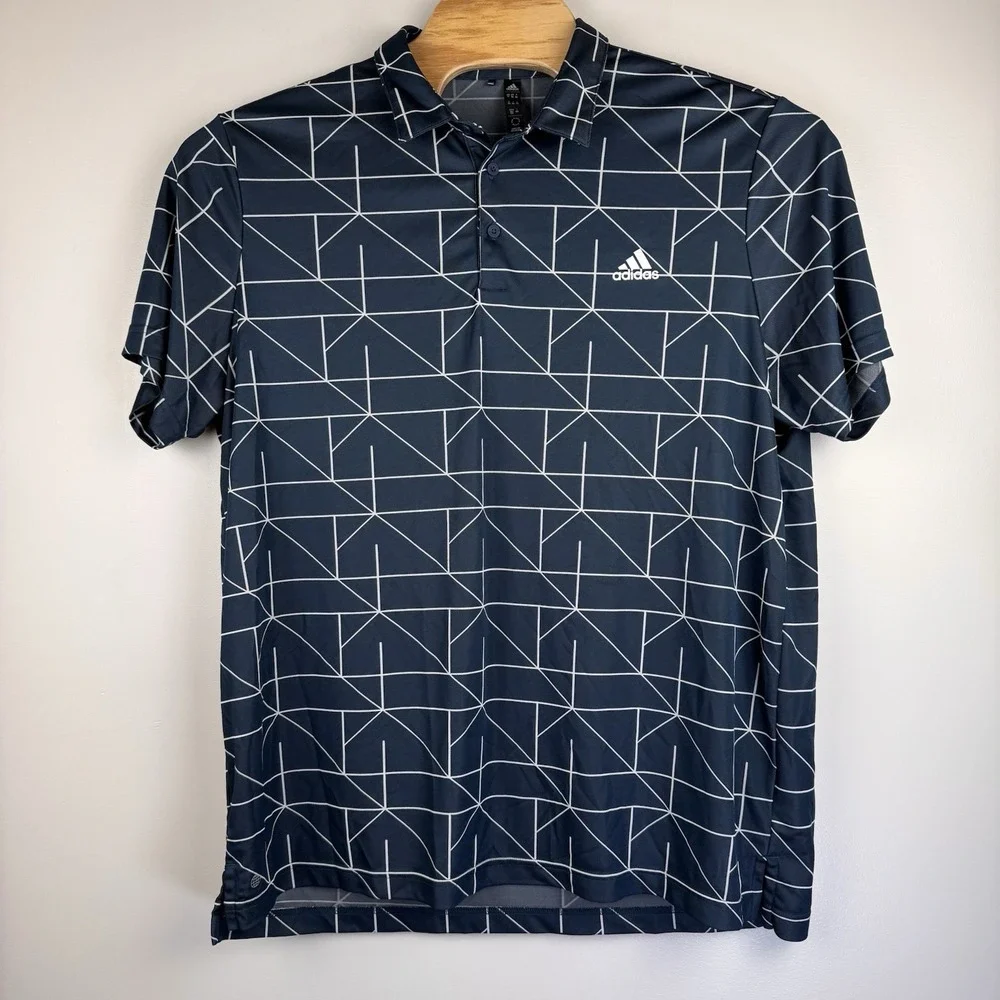 Adidas‎ Navy Blue Geometric Print Performance Golf Polo Mens 2XL Stretch